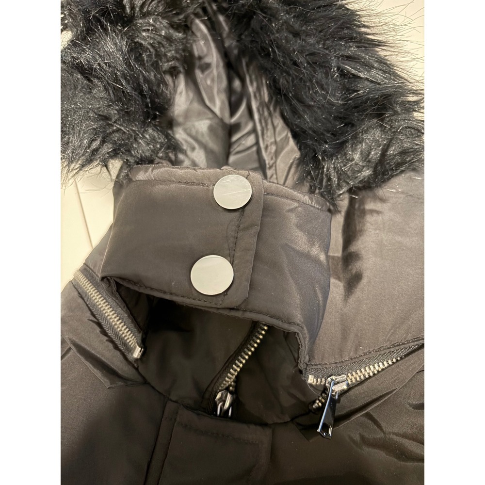 Black Faux Fur Trim Hooded Puffer Jacket Quilted Winter Coat Zip Up Women Small - Picture 16 of 16